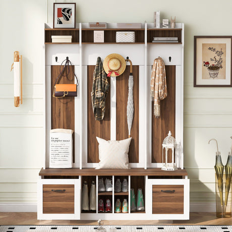 5 In 1 Entryway Bench With Coat Rack, 7 Sturdy Hooks, 2 Spacious Drawers And Adjustable Shelves HouseOfZazla