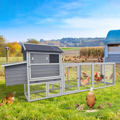 Gray Wooden Chicken Coop with Run and Nesting Box