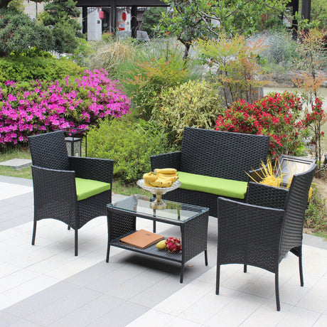 4 PC Rattan Patio Furniture Set Outdoor Cushioned Wicker Sofa Green Cushion HouseOfZazla