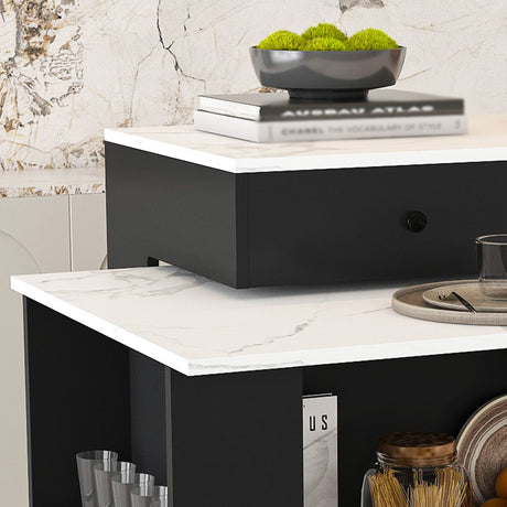 Kitchen Island With Extendable Rotating Table, 4 Drawers & Glass Door Cabinets, Built In Socket - Black HouseOfZazla