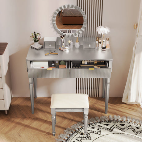 Luxury Vanity Desk With Round Mirror Height Adjustable Dressing Table Set Engineered Wood - Silver HouseOfZazla