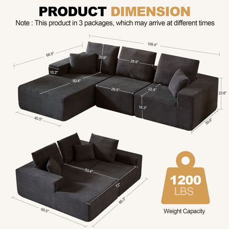 Modular Sectional Sofa With Chaise, L Shaped Cloud Couch With Deep Seat, Sectional Couches For Living Room - Black HouseOfZazla