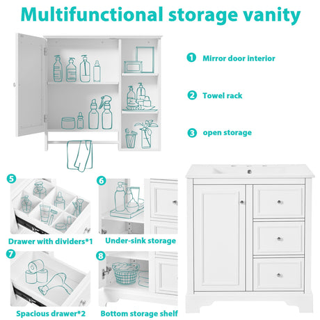 Bathroom Vanity With Sink, Modern Elegant Bathroom Storage Cabinet With 3 Drawers And Adjustable Shelves, Freestanding Vanity Set With Mirror Cabinet, Single Sink Bathroom Vanity HouseOfZazla