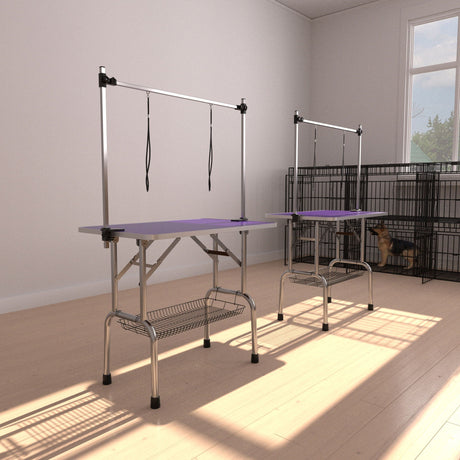 Folding Dog Pet Grooming Table Stainless Steel Frame Rubber Mat On Board With Adjustable Arm And Clamps Pet Dog Cat Grooming Table HouseOfZazla