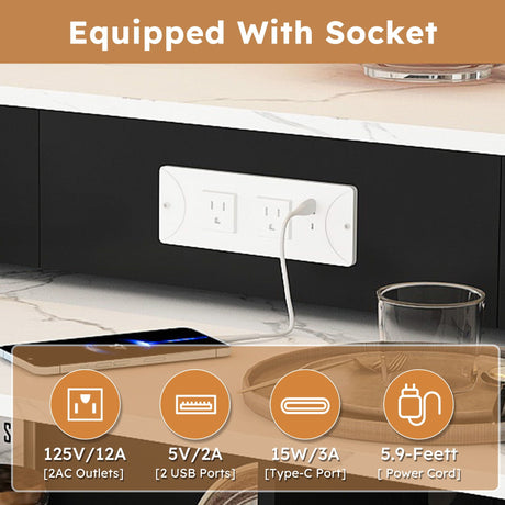 Kitchen Island With Extendable Rotating Table, 4 Drawers & Glass Door Cabinets, Built In Socket - Black HouseOfZazla