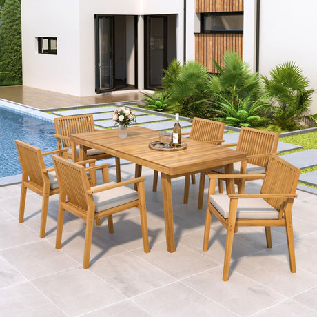 7 Piece Patio Furniture Set Acacia Wood Table And 6 Cushioned Chairs HouseOfZazla