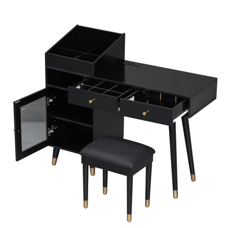 Modern Makeup Vanity Desk With Drawers Cabinet & Charging Port Engineered Wood Space Saving Design For Small Places - Black HouseOfZazla