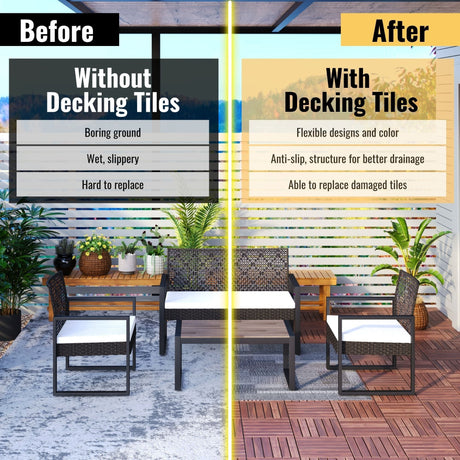 Interlocking Deck Tiles Striped Pattern, Square Acacia Hardwood Outdoor Flooring For Patio, Bancony, Pool Side HouseOfZazla