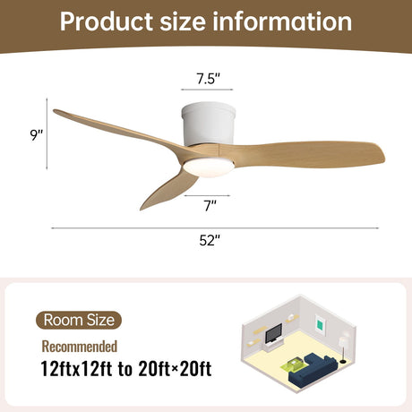 Flush Mount Ceiling Fan With Dimmable LED Light, 3 Blades, Reversible DC Motor HouseOfZazla