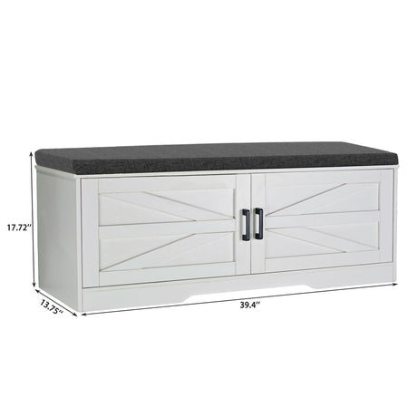2 Tier Shoe Bench With Padded Seat, 2 Barn Doors And Adjustable Shelves, For Entryway And Living Room - White HouseOfZazla