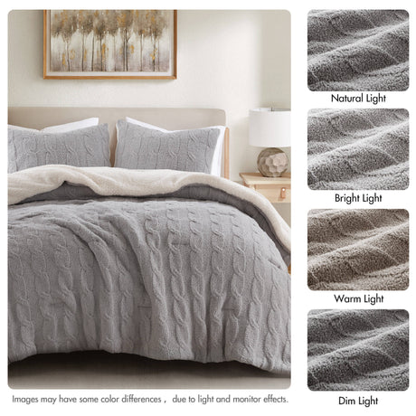3 Pieces Full/Queen Cable Knit Chenille Comforter Set Gray HouseOfZazla