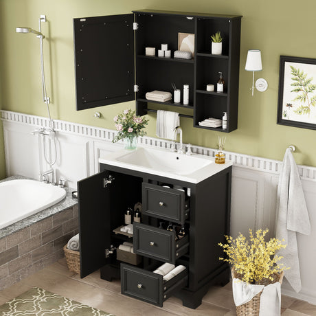 Bathroom Vanity With Sink, Modern Elegant Bathroom Storage Cabinet With 3 Drawers And Adjustable Shelves, Freestanding Vanity Set With Mirror Cabinet, Single Sink Bathroom Vanity HouseOfZazla