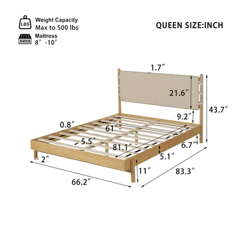 Premium Rubber Wood Platform Bed Frame, Queen Size with Headboard HouseOfZazla