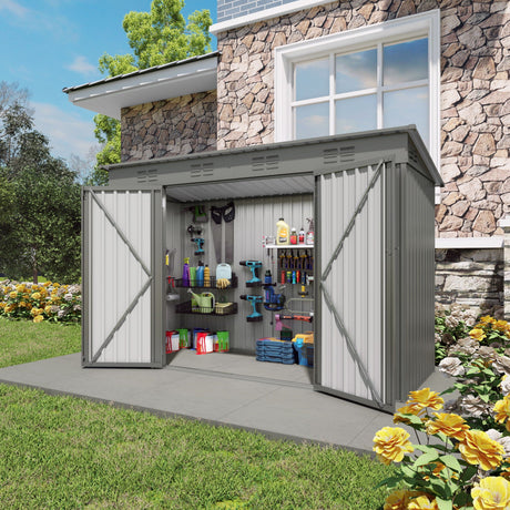 Outdoor Storage Shed, Tool House With Sloping Roof, 6 Vents And 2 Swing Doors For Backyard - Gray HouseOfZazla