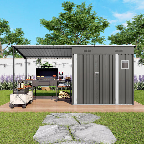Lean To Shed With Open Sided Pergola, Outdoor Storage Shed & Attached Hardtop Gazebo Combo - Gray HouseOfZazla