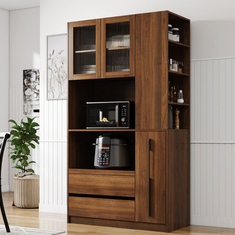 Tall Kitchen Pantry Cabinet With 4 Tier Side Shelf, 2 Drawers, Freestanding Food Hutch With Microwave Stand For Dining Room - Walnut HouseOfZazla