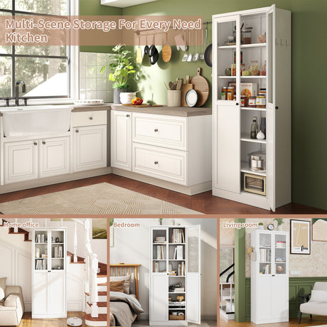 Tall Metal Kitchen Pantry Cabinet With Adjustable Shelves And Silent Magnetic Doors - White HouseOfZazla