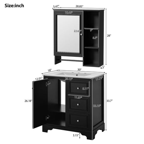 Bathroom Vanity With Sink, Modern Elegant Bathroom Storage Cabinet With 3 Drawers And Adjustable Shelves, Freestanding Vanity Set With Mirror Cabinet, Single Sink Bathroom Vanity HouseOfZazla