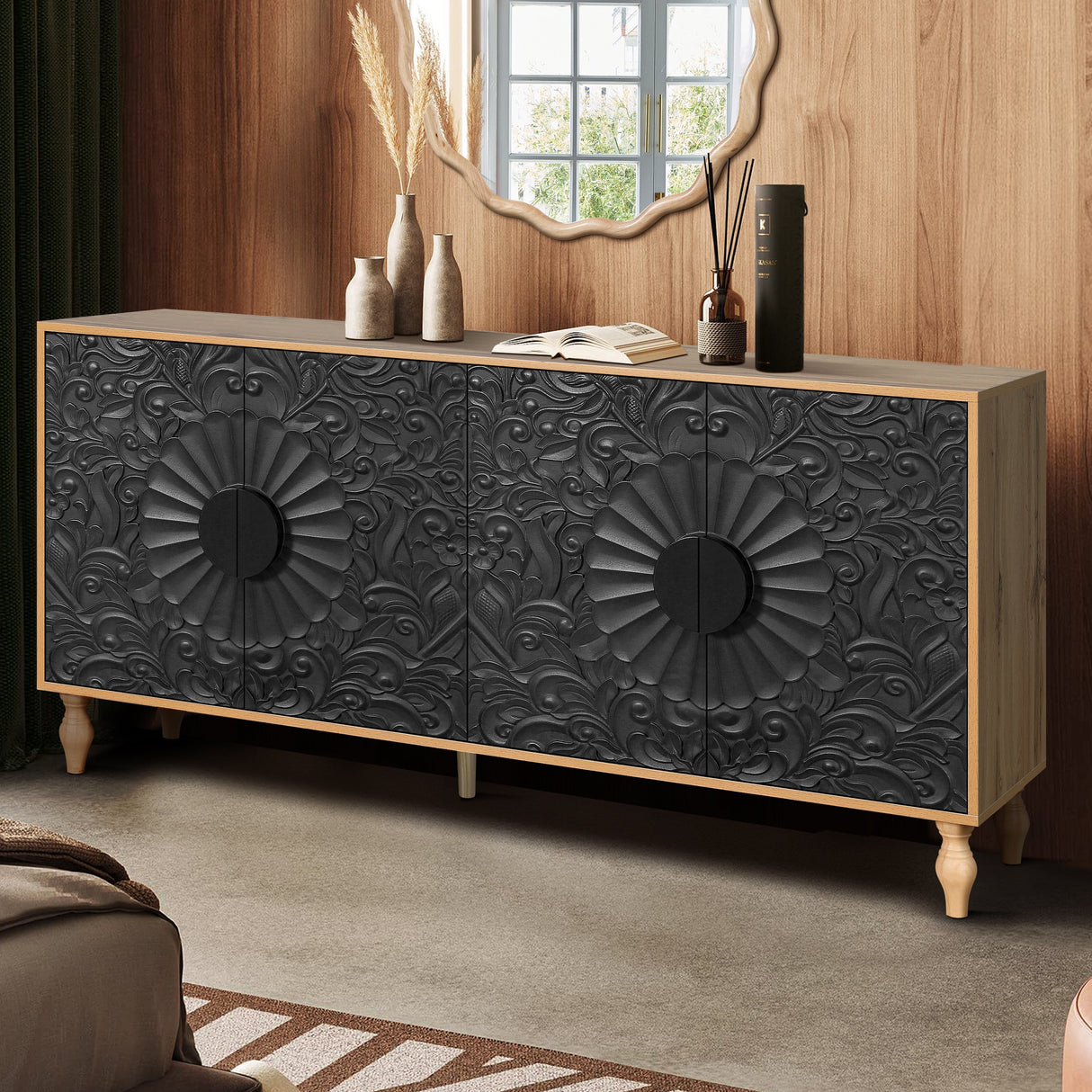 Black Carved Symmetrical Design Door And Wood Coloured Frame TV Stand
