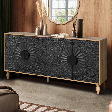 Black Carved Symmetrical Design Door And Wood Coloured Frame TV Stand HouseOfZazla