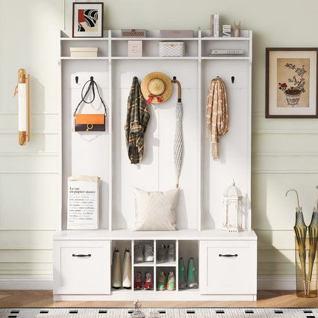 5 In 1 Entryway Bench With Coat Rack, 7 Sturdy Hooks, 2 Spacious Drawers And Adjustable Shelves HouseOfZazla