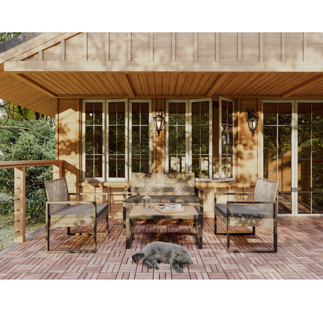 4 Piece Patio Furniture Set With Acacia Wood Table Top And Cushions HouseOfZazla