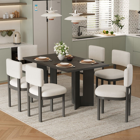 Dining Table Set With 6 Upholstered Chairs, Rectangular Table With Cutout Legs HouseOfZazla