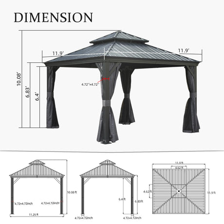 12'x12' Hardtop Gazebo Canopy with Galvanized Steel Double Roof HouseOfZazla