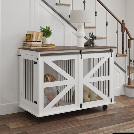 Mobile Dog Crate With Flip Top Feeding Door, Dual Access & 5 Caster System (2 Locking) - Brown White HouseOfZazla