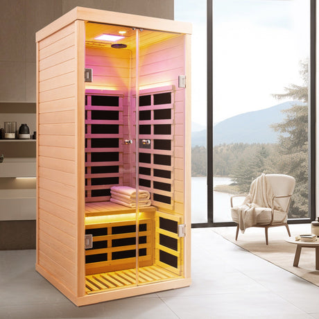 Luxury Indoor Low EMF Far Infrared Sauna Room with Hemlock Wood and Glass Double Doors HouseOfZazla