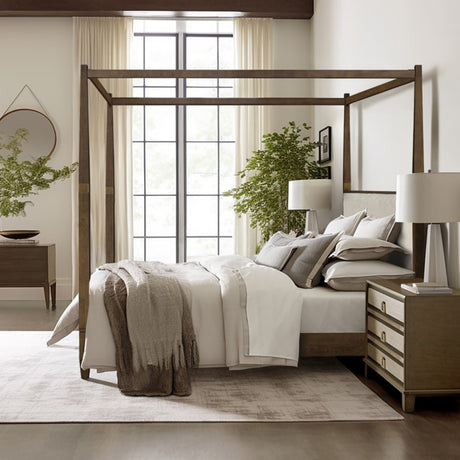 Queen Canopy Bed Frame With Upholstered Headboard - Brown HouseOfZazla