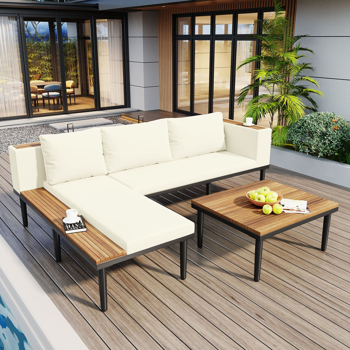 Luxury L-Shaped Acacia Wood Patio Furniture Set with Cushions