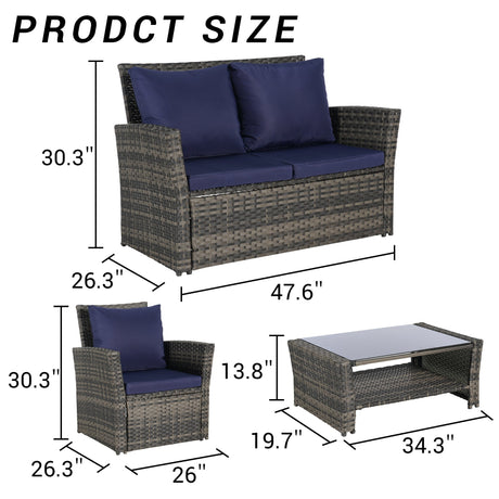 4 Pieces Outdoor Patio Furniture Set with Rattan Chairs and Tempered Glass Table HouseOfZazla