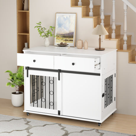 Dog Crate Furniture With Double Drawers And Sliding Barn Door, Pet Kennel For Small To Medium Dogs - White HouseOfZazla