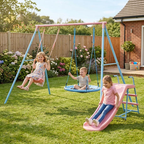 Xns107 - 2 Swing Set With Slide For Outdoor - Blue / Pink HouseOfZazla