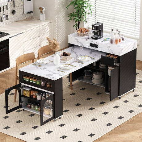 Extendable Dining Table With Folding Top, Rolling Kitchen Island With Drawers And Power Outlet HouseOfZazla