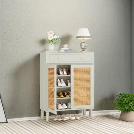Shoe Cabinet With Rattan Doors And Drawer, 4 Tier Storage Organizer - Mint Green HouseOfZazla