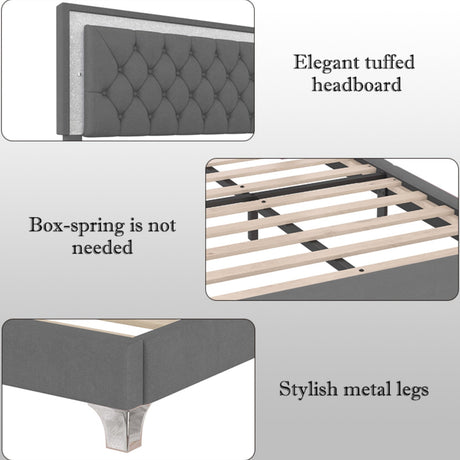 3-Pieces Bedroom Set, Queen Size Upholstered Platform Bed with LED Lights and Two Nightstands - Gray HouseOfZazla