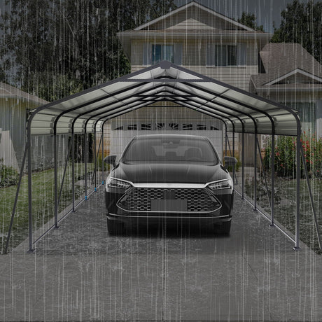 Metal Carport 13 X 26.5 Ft Heavy Duty With Galvanized Steel Roof Metal Garage Canopy With Galvanized Steel Roof & Frame Car Tent Outdoor Storage Shed For Car Boats And Truck - Gray HouseOfZazla