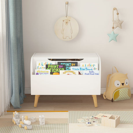 Toy Box With Front Bookshelf, Flip Top Lid, Safety Hinge For Kids Room Organization - White HouseOfZazla