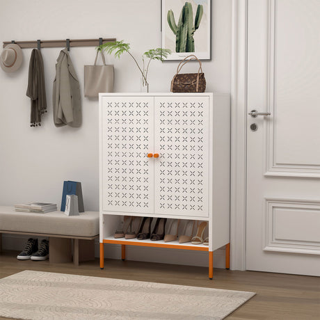 Grid Double Door Shoe Cabinet With Adjustable Compartments and Moisture-Proof Design HouseOfZazla