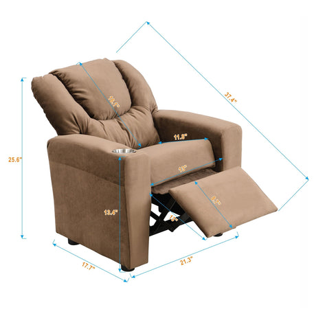 Kids Recliner Chair with Cup Holder - Brown Upholstered Couch HouseOfZazla