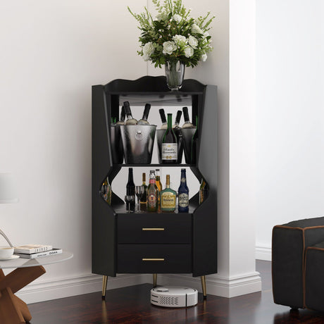 Corner Bar Cabinet With Mirrored Back, 2 Open Shelves & 2 Drawers HouseOfZazla