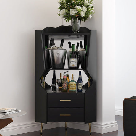 Corner Bar Cabinet With Mirrored Back, 2 Open Shelves & 2 Drawers HouseOfZazla
