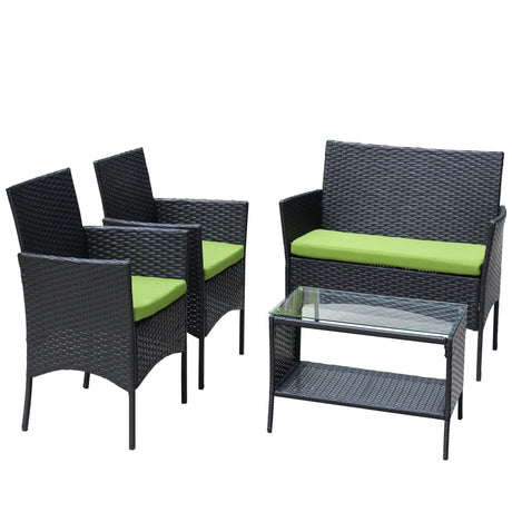 4 PC Rattan Patio Furniture Set Outdoor Cushioned Wicker Sofa Green Cushion HouseOfZazla