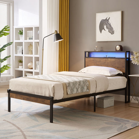 Twin Size Platform Bed Frame, LED Lights With Remote Control, USB Charging Port, Large Under Bed Storage - Black / Brown HouseOfZazla