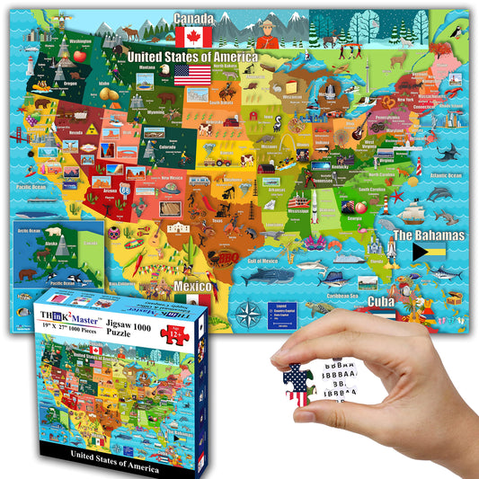 Think2Master Colorful United States Map 1000 Pieces Jigsaw Puzzle for Kids 12+, Teens, Adults & Families. Great Educational Gift for Interest in The USA Map. Size: 26.8” X 18.9”