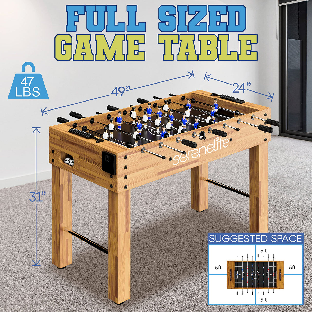 SereneLife 48in Competition Sized Foosball Table, Soccer for Home, Arcade Game Room, w/ 2 Balls, 2 Cup Holders 2x4ft for Man Cave or Basement - Standing or Tabletop SereneLife