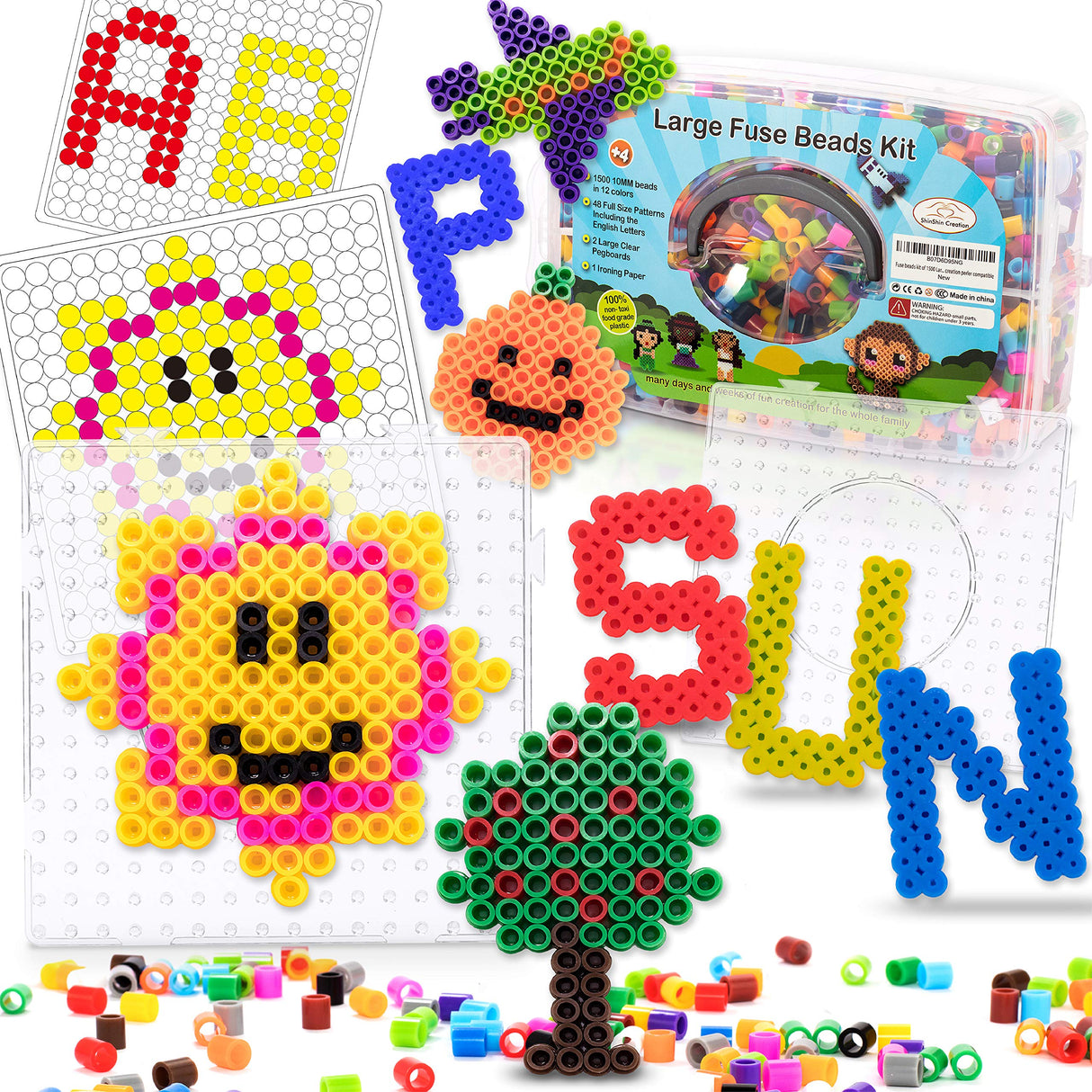 Fuse Beads kit of 1500 Large 10MM Melty Beads Perfect for Ages 4-7 with 48 Patterns and pegboard Arts and Crafts for Girls and Boys shinshin creation