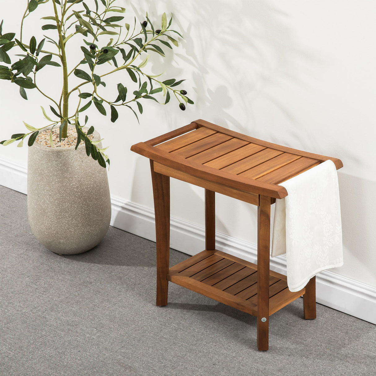 VICTORY RELAX Shower Stool Wood, 2-Tier Wooden Shower Bench for Inside Bathroom Sitting, Heavy Duty Chair with Storage Shelf, Acacia Wood Waterproof - Natural VICTORY RELAX